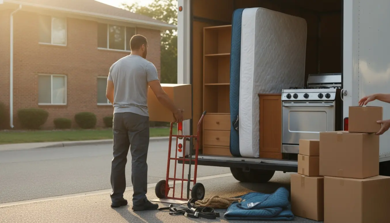 En flyttemand læsser en lille varebil med madras, skabe og flyttekasser, kun én person og hjælperes hænder synlige.