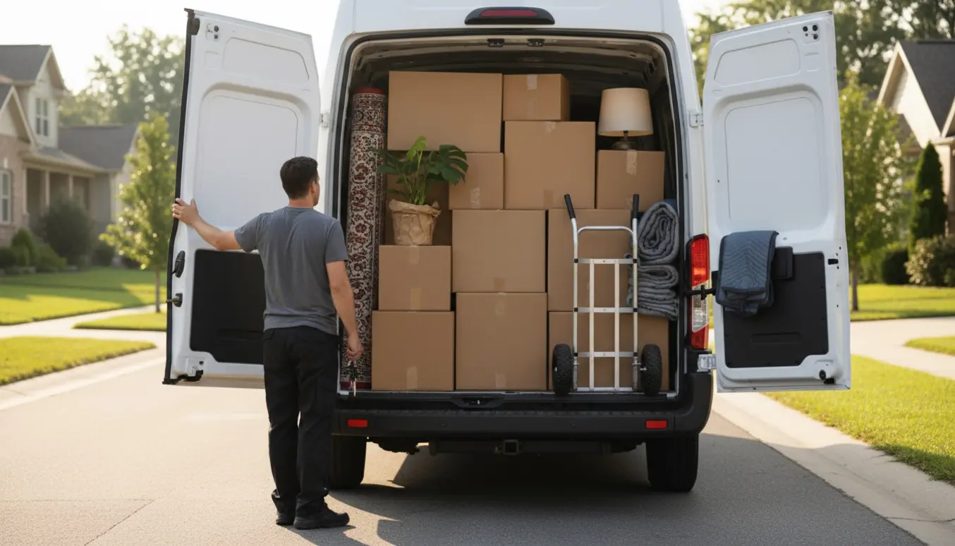 Varevogn med åbne døre fyldt med cirka ti flyttekasser og en chauffør set bagfra klar til afgang.