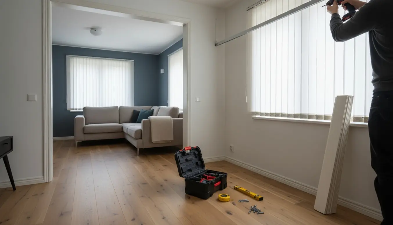 Hænder monterer lamellers topskinne i en moderne stue med værktøj på gulvet og færdigmonterede lameller i baggrunden.