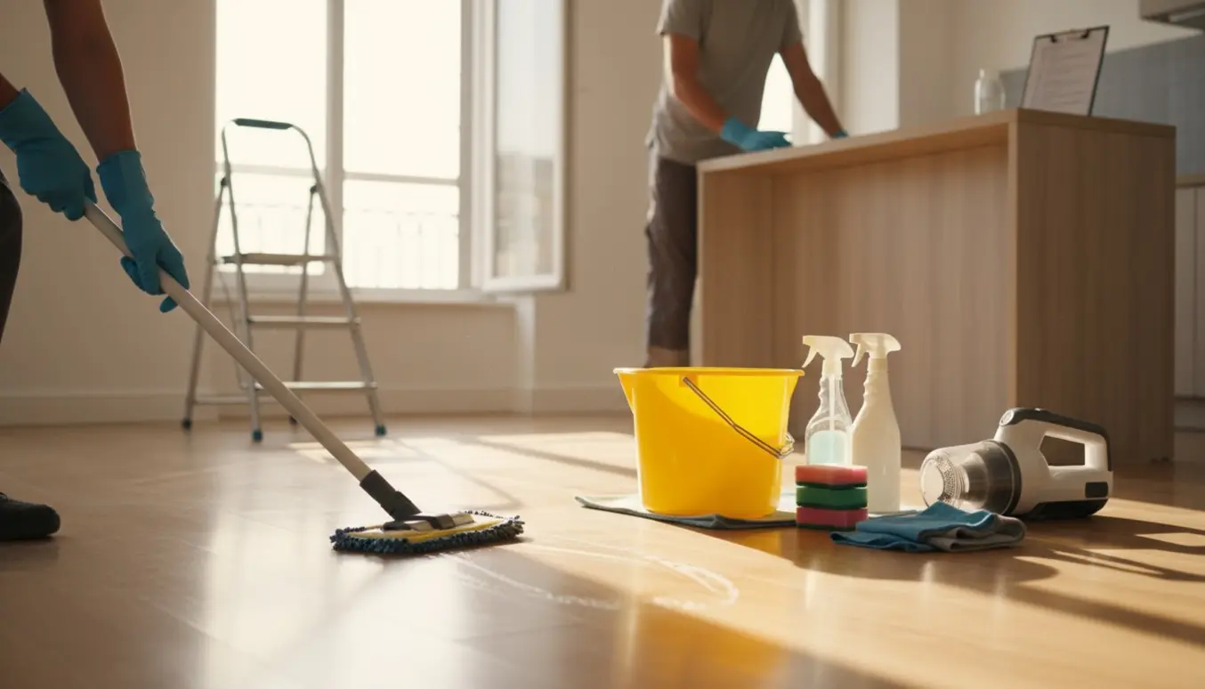 Tom lys lejlighed med rengøringsudstyr og en person set bagfra, der gør slutrengøring, med en sløret tjekliste på køkkenbordet.