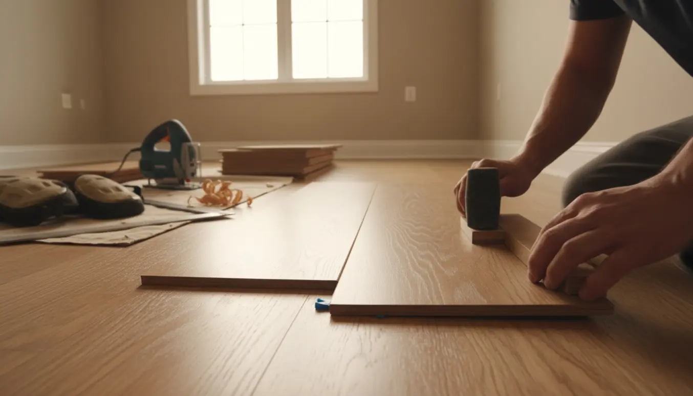 Hænder lægger trægulvsplanker i et lyst værelse med værktøj og stak materialer.