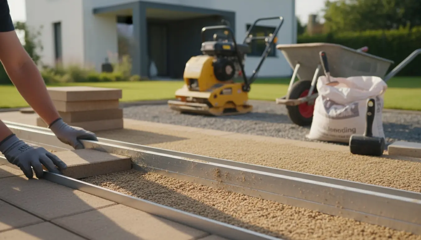 Delvist færdig terrasseudvidelse med fliser, afretningsskinner, pladevibrator og værktøj i naturligt lys.