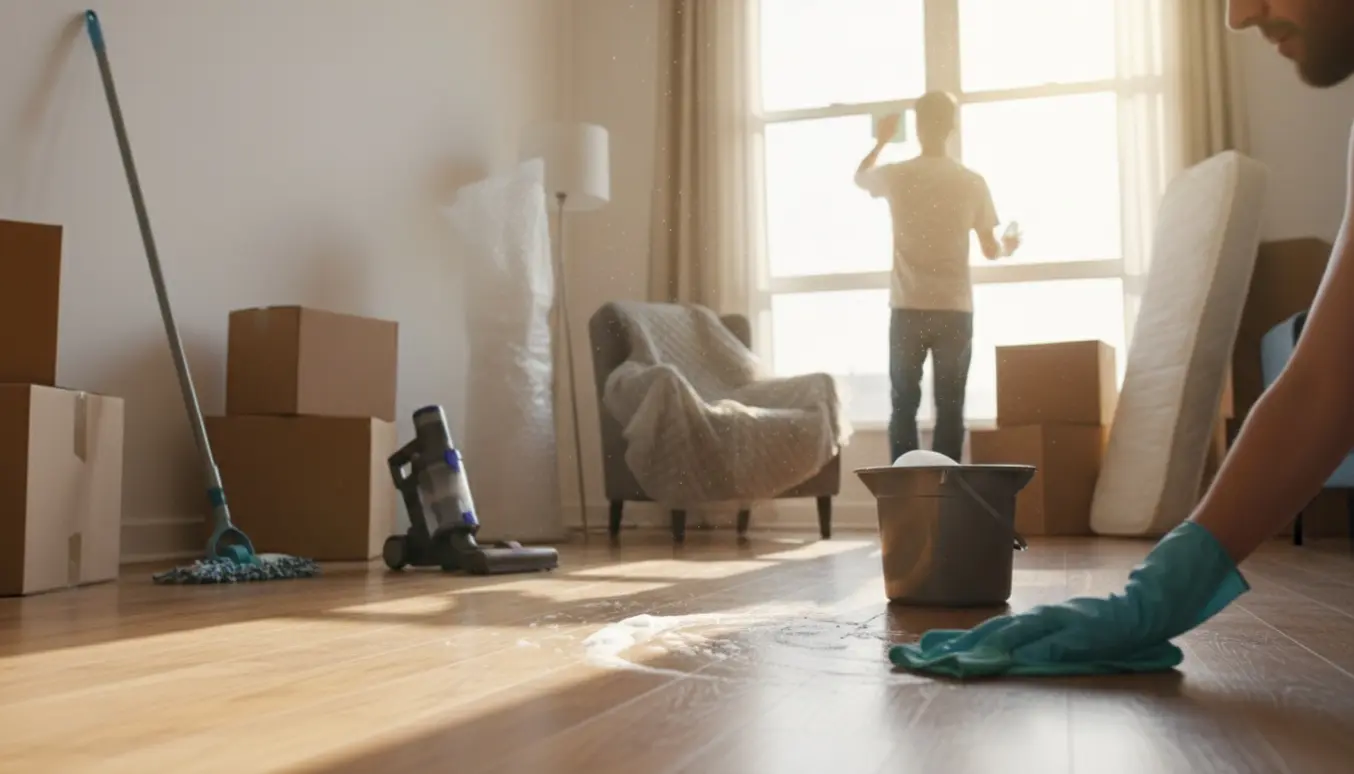 En person med handsker gør rent i en næsten tom lejlighed før fraflytning, med flyttekasser og rengøringsudstyr i sollys.