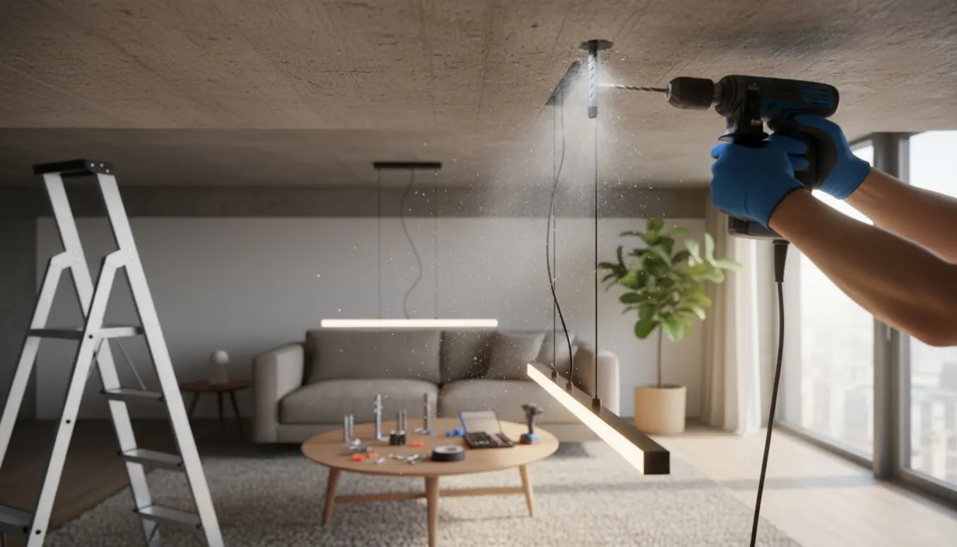 Nærbillede af hænder, der monterer en loftlampe i en stue med råt betonloft, med stige og værktøj i baggrunden.