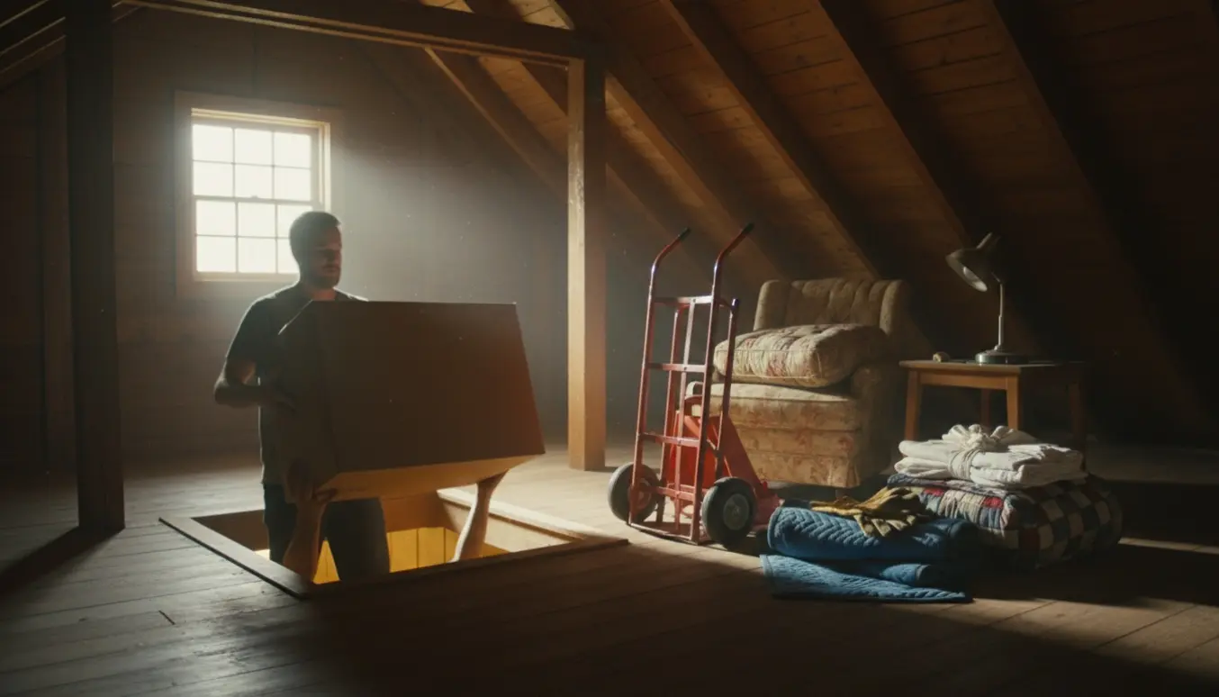 Kasser og møbler bæres ned fra et loft gennem en åben lem, klar til at blive kørt til genbrugsstationen.