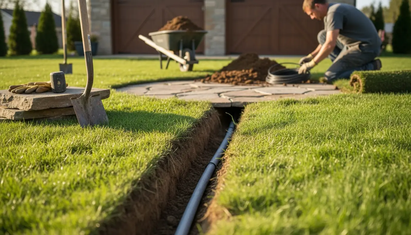 En snæver rende gravet gennem græsplænen mod garagen med et PVC-rør til elkabler og løse fliser lagt til side.