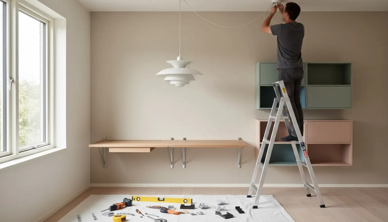 Montana-skrivebord og reol monteres, mens en pH-pendel lampe hænges op i et lyst hjemmekontor.