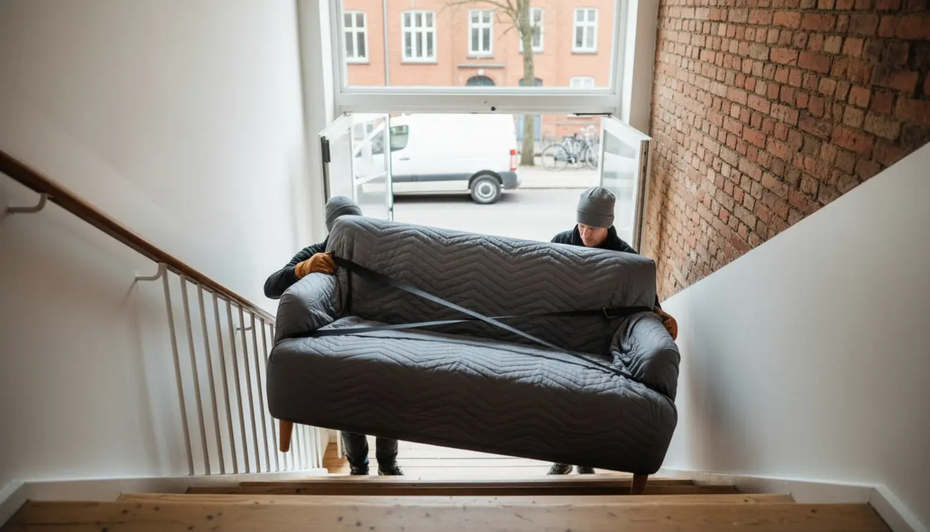 En 2-personers sofa på cirka 170 cm bæres ned ad en opgang mod en varebil parkeret ved kantstenen.