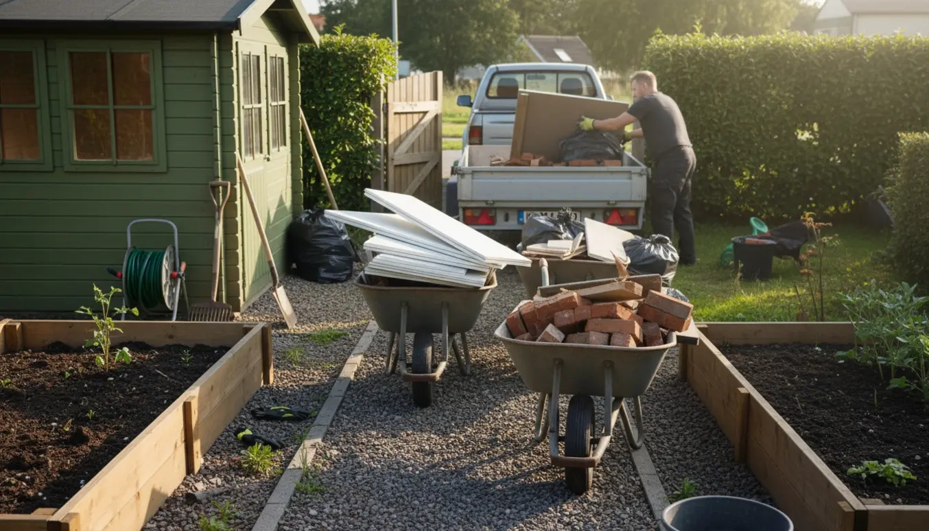 Byggeaffald læsses i trillebør og på trailer i en kolonihave foran et lille skur.