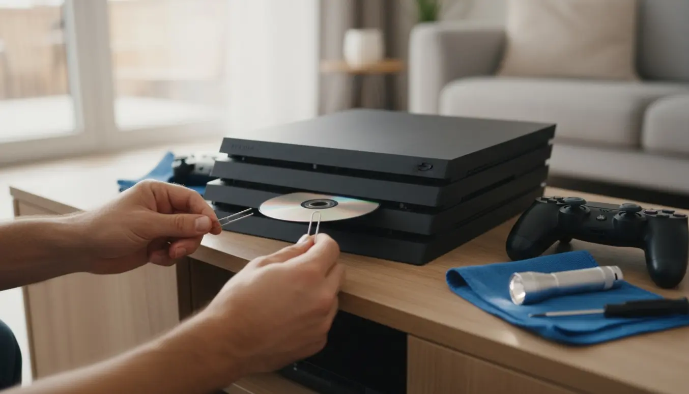 Hænder bruger en udrettet papirclips til at få en fastklemt disk ud af en sort PlayStation 4 Pro på et træskab.