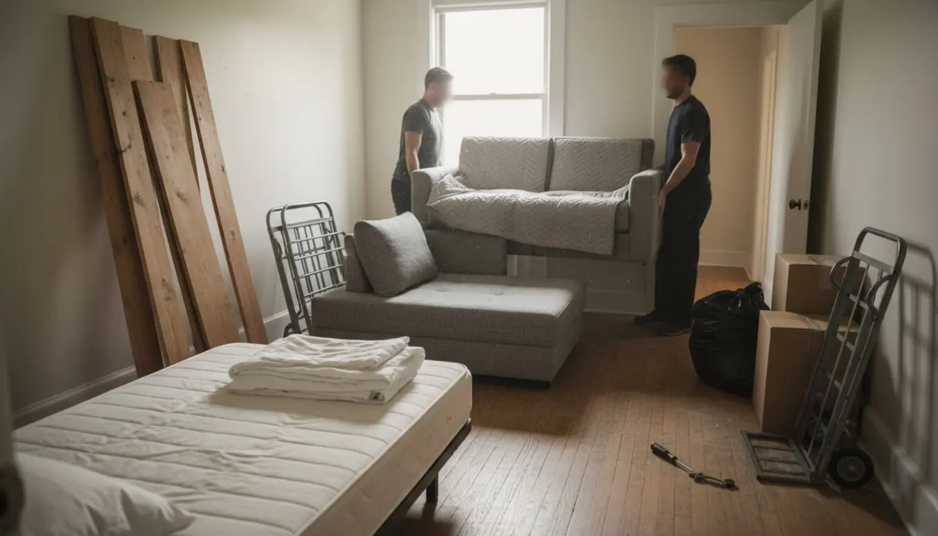 Lyst værelse med en lille seng, adskilt sofa, børnesengsramme og planker klar til at blive fjernet.