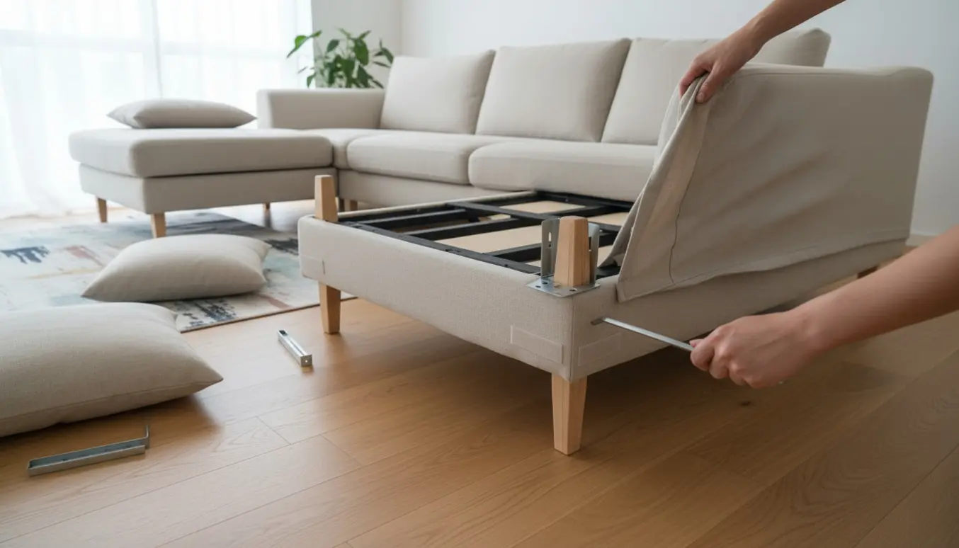 Hænder monterer en Kivik chaiselong og trækker nyt betræk på en tre-personers Kivik sofa i en lys stue.