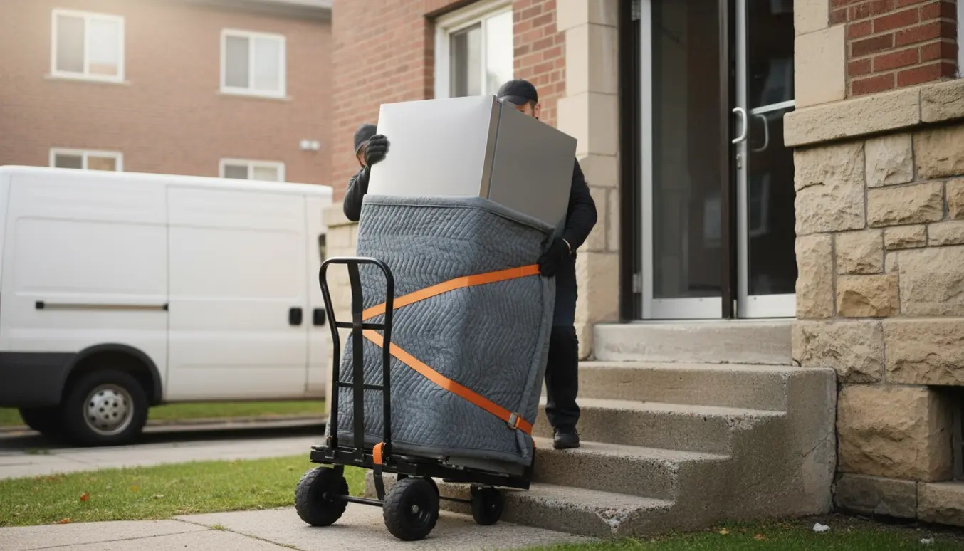 Flytning af et kølefryseskab op ad tre udendørs trin ved en hjørneindgang, beskyttet med tæpper og stropper.