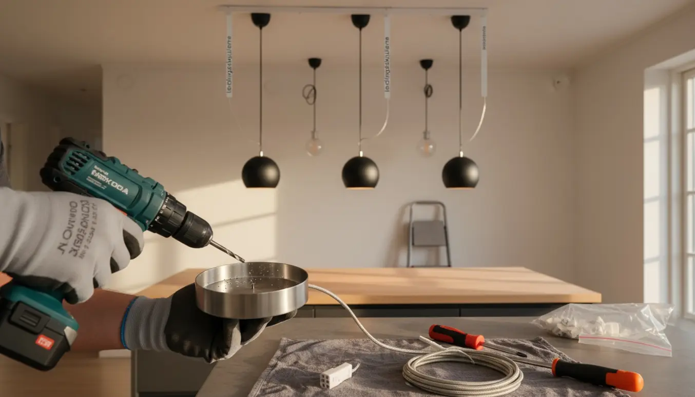 Hænder borer hul i en lampes metalkrans mens ledninger føres i kabelskjulere mod tre pendler over køkkenøen.