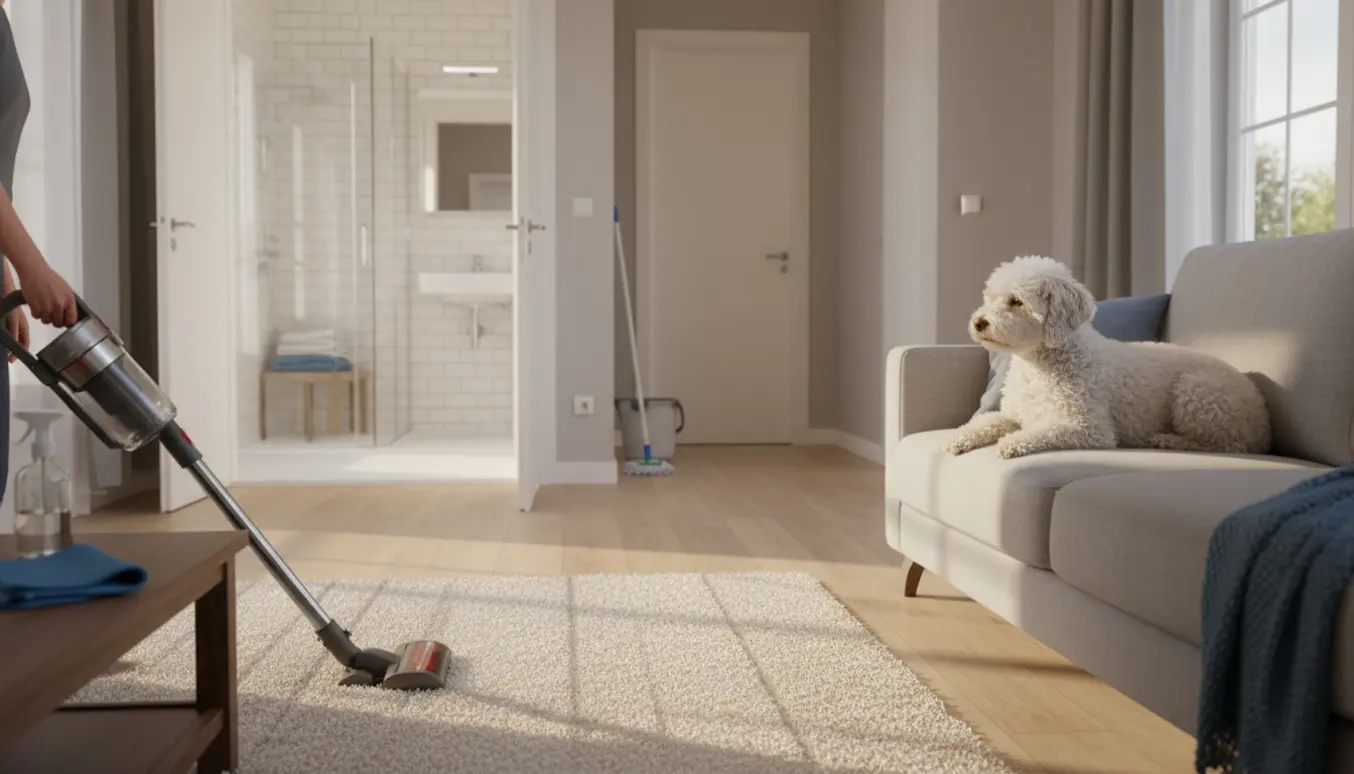En lys, nyvasket rækkehusstue med en person, der støvsuger, en lille hund på sofaen og et skinnende badeværelse i baggrunden.