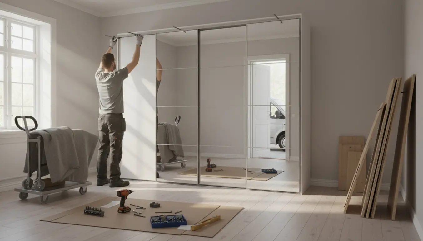 Montører monterer et amerikansk skab i et lyst soveværelse med værktøj, beskyttelse og afmonteret gammelt skab i baggrunden.