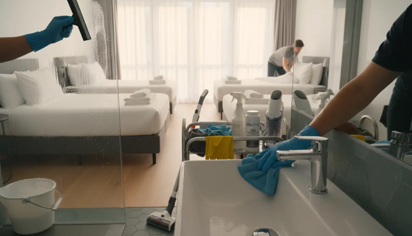 Rengøring i en feriebolig med rene senge, rengøringsudstyr og en hånd, der pudser armatur.