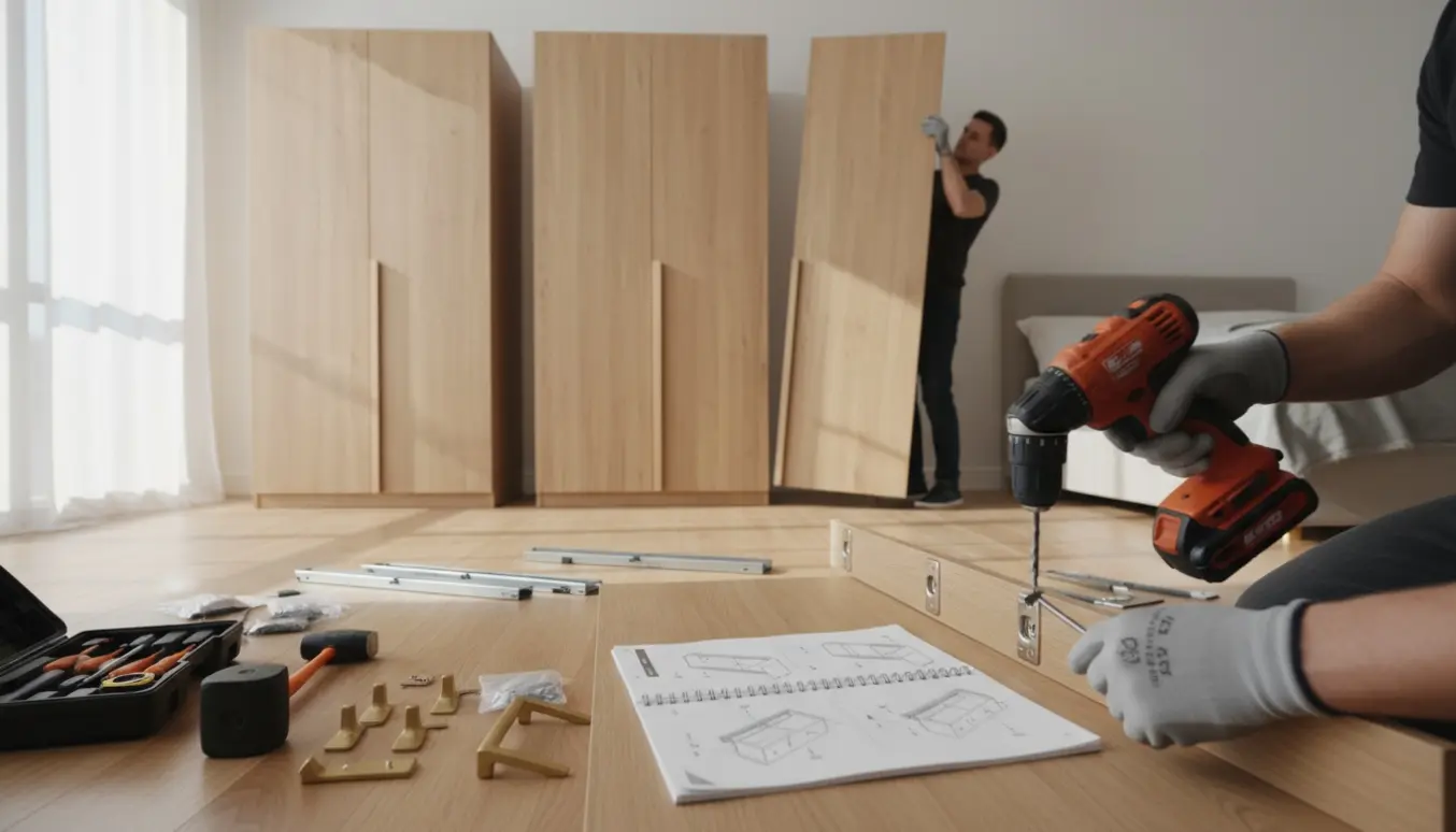 To samlede garderobeskabe og et tredje under montering med værktøj og monteringsvejledning.