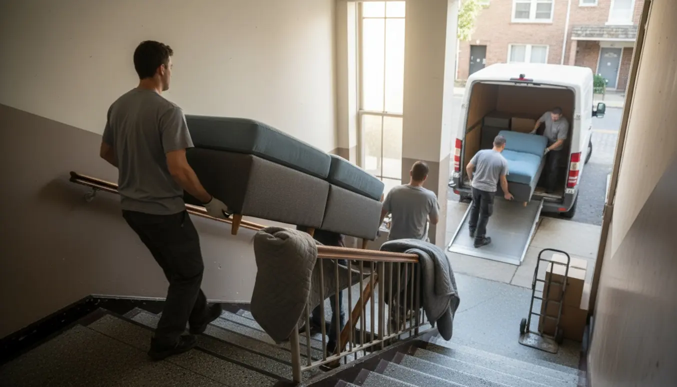 To personer bærer modulsofa-moduler op ad en trappe mod en åben flyttevogn.