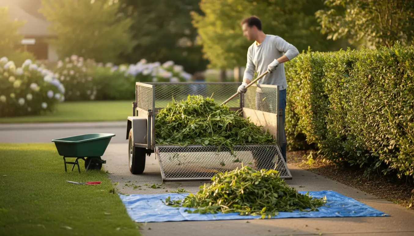 Trailer ved indkørsel med hækklip og en person, der læsser haveaffald uden at vise ansigt.