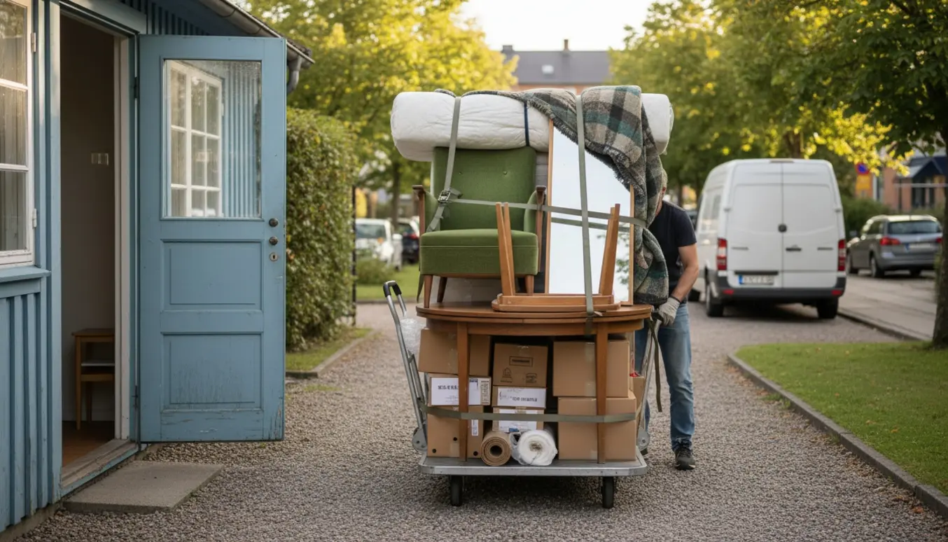 Flytning fra kolonihave til værelse med rullende vogn, seng, bord, spejl og kasser på en solrig sommerdag.