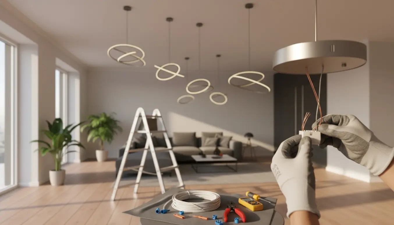 Nærbillede af installation af seks indendørslamper med hænder, værktøj og løse kabler i en stue.