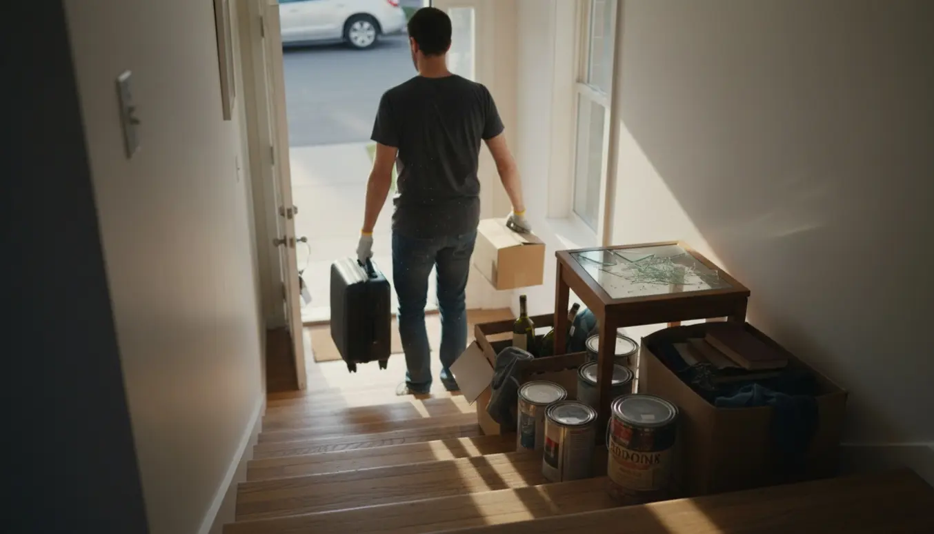 Mand bærer flyttekasse ned ad trappe, på reposen ligger et lille bord med knust glas, håndstøvsuger, malerbøtter, vinflasker, kuffert og flyttekasser.