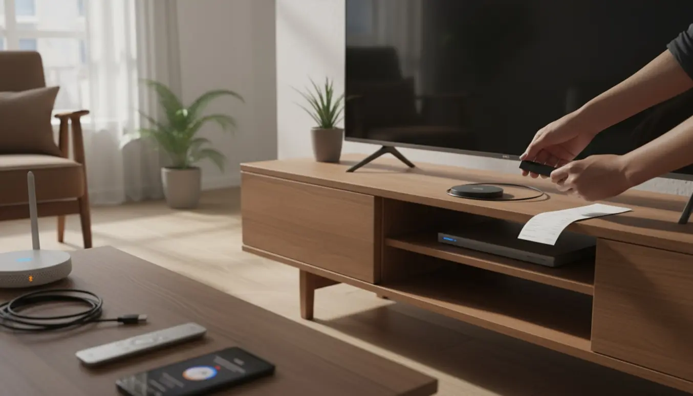 Hænder tilslutter en streaming-dongle til et tv i en stue med smartphone, router og instruktioner.