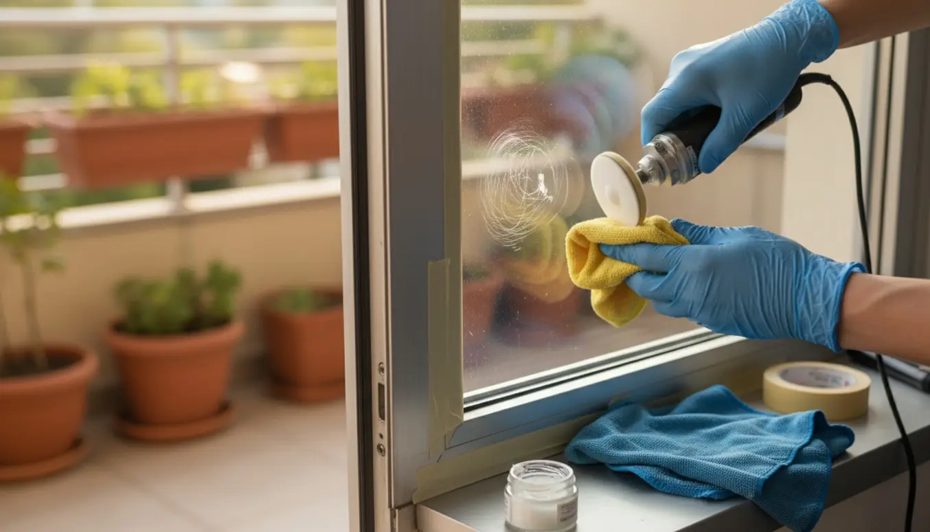 Nærbillede af altandør i glas med små ridser ved rammen og poleringsudstyr klar til reparation.