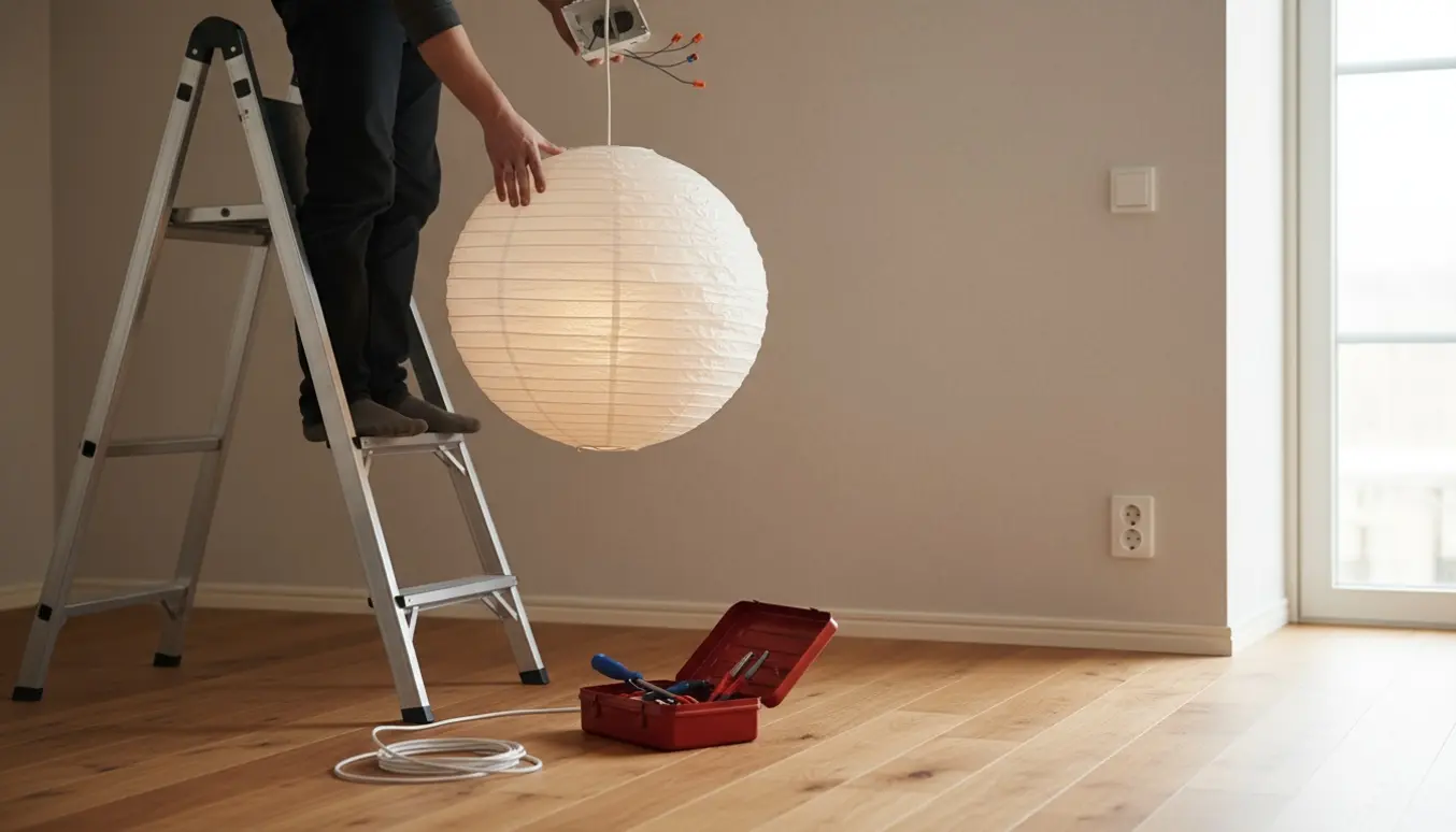 En person på stige hænger en rispapirlampe i et lyst værelse, kun hænder synlige.