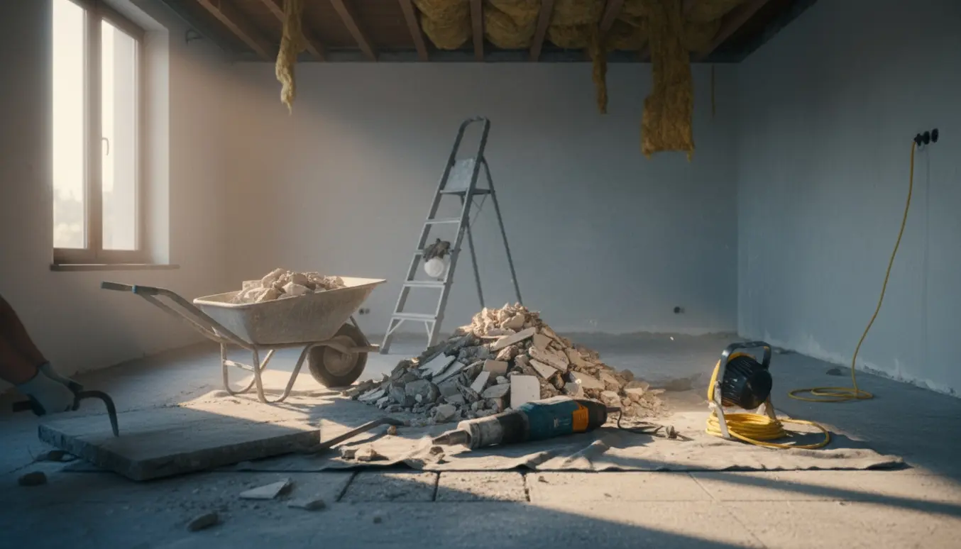 Værelse under renovering med delvist fjernet betongulv og revet loft, værktøj og byggeaffald i fokus.