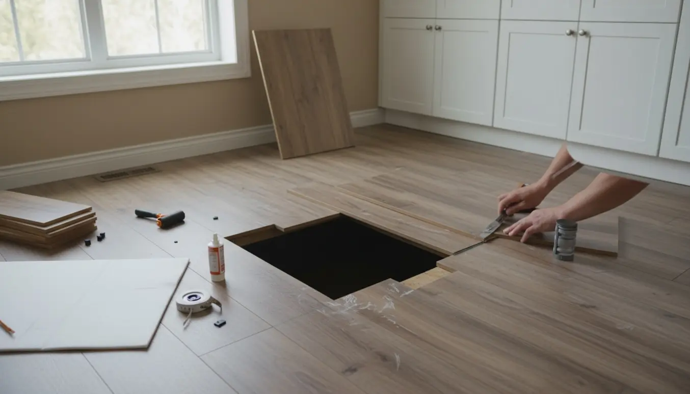 Installatør arbejder med vinylgulv omkring en åben lem til krybekælder i et lyst køkken.