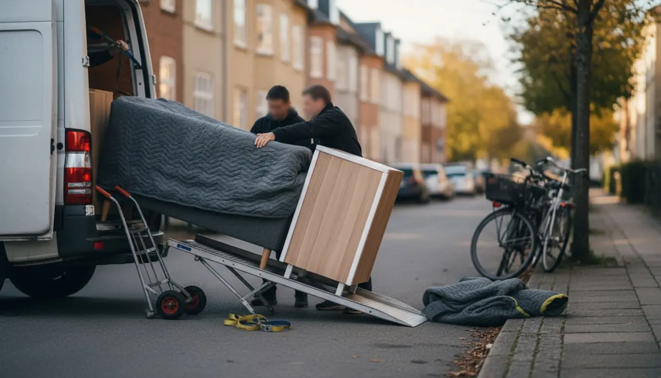Flyttefolk laster en sofa og et køkkenmodul ind i en varevogn på en stille boligvej.