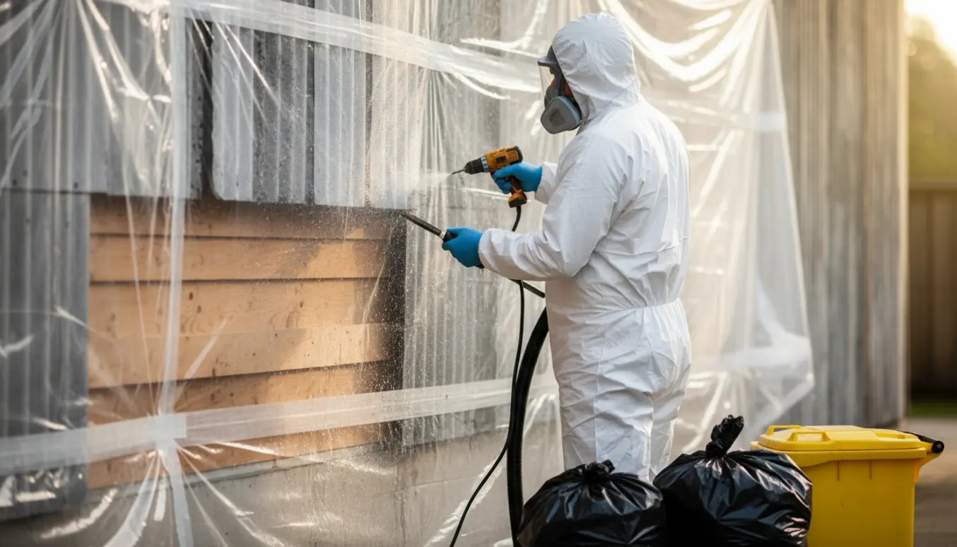 Arbejder i beskyttelsesdragt fjerner asbestplader fra en udvendig væg med værktøj og afdækning.