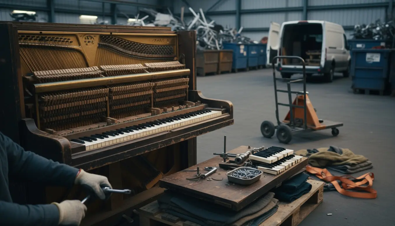 Nedtaget klaver med synlig jernramme og værktøj klar til aflevering på genbrugspladsen.