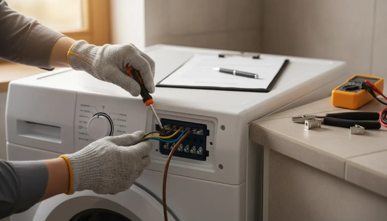 Hænder forbinder en strømledning til vaskemaskinens bagpanel med værktøj og en tilladelsesblanket i baggrunden.