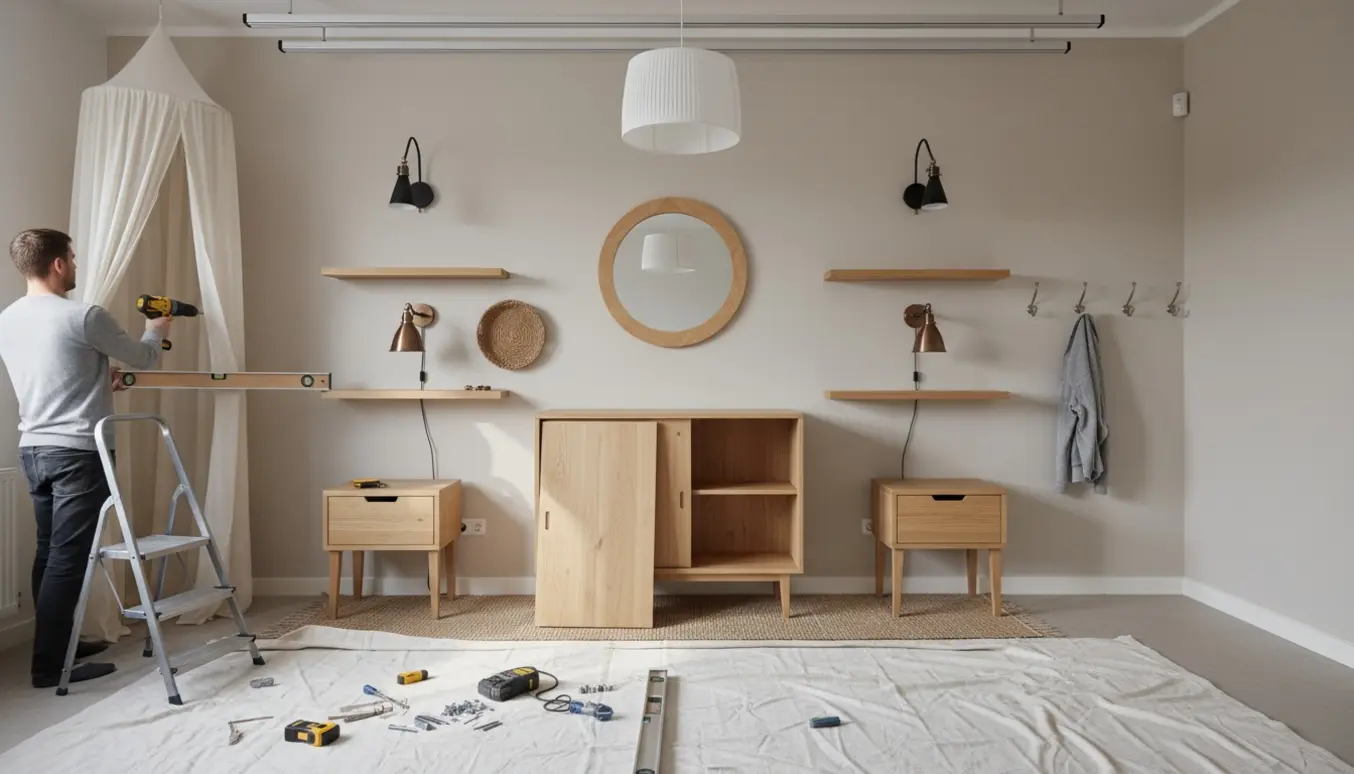 Værktøj og hængte reoler, skabe og lamper på en væg i et lyst soveværelse under montering.