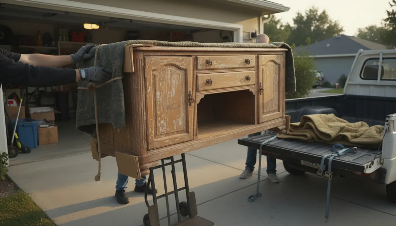 To personer læsser en stor, slidt skænk på en varebil i en indkørsel.