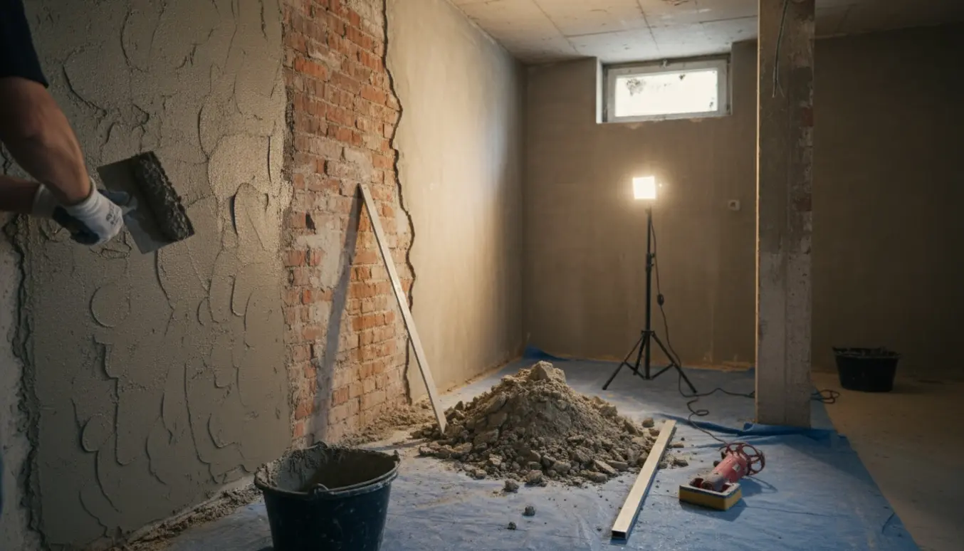 Nærbillede af grovpudsning i en kælder med murske, spand med mørtel og bunker af afskallet puds.