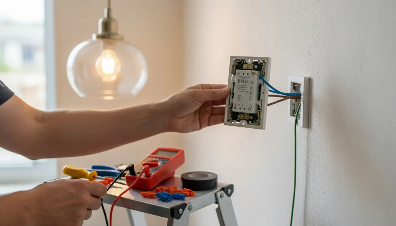 Nærbillede af hænder, der arbejder med en vægdimmer og en tændt loftlampe, med synlige ledninger og værktøj.