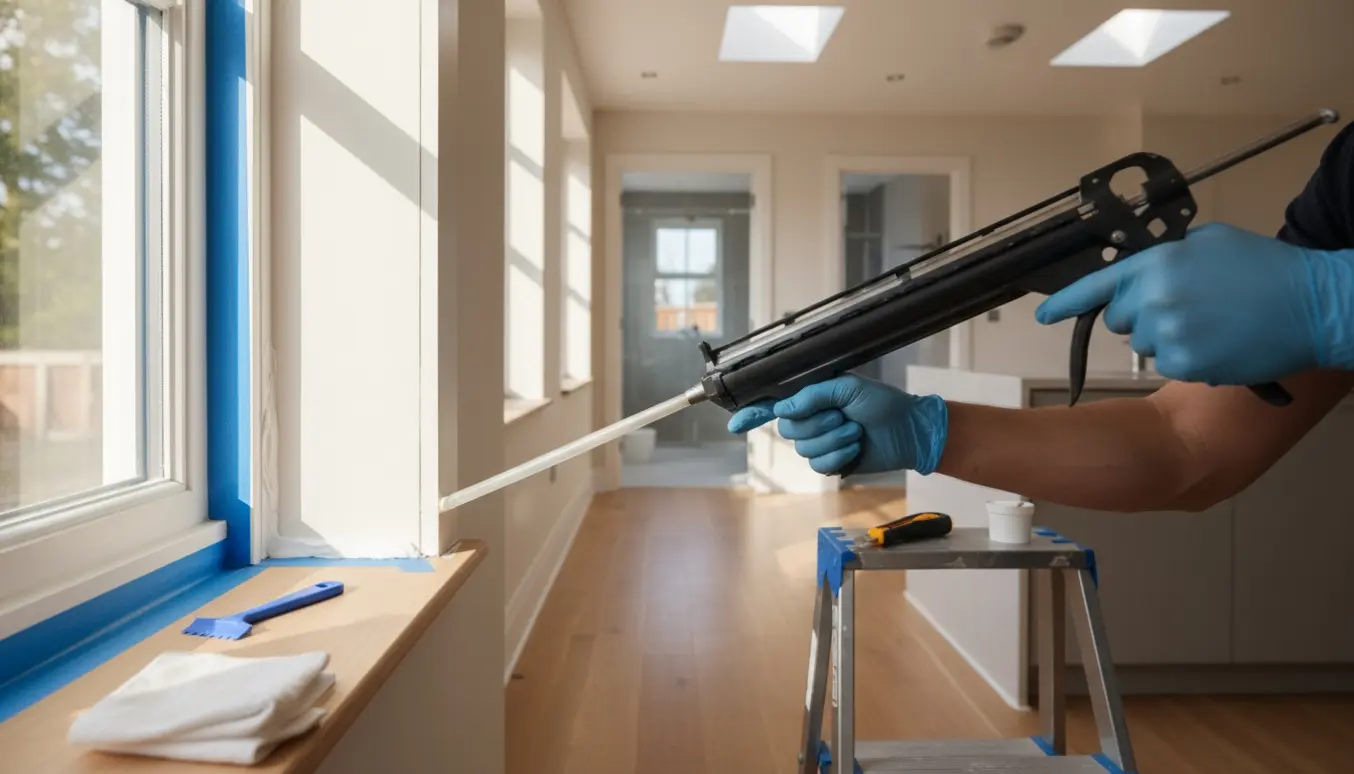 Nærbillede af indvendigt fugearbejde i et nyrenoveret hjem med fugepistol og glatteværktøj.