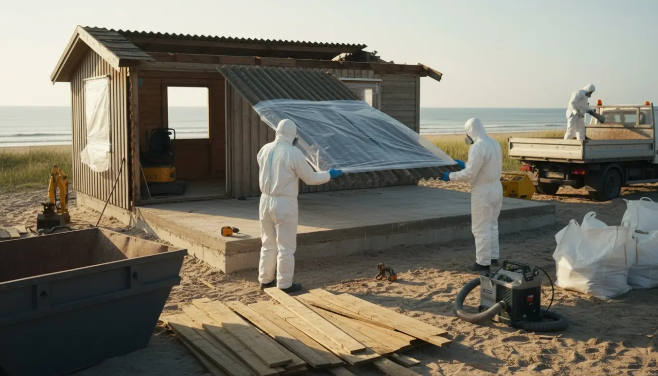 Nedrivning af et lille træsommerhus ved stranden med arbejdere i beskyttelsesdragter, der fjerner og pakker tagplader til bortkørsel.