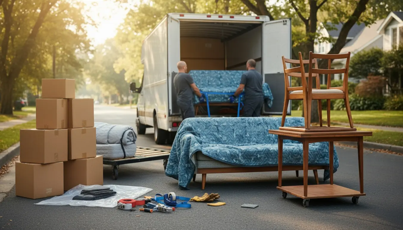 Flyttefolk læsser sofa, stol, spisebord med fire stole, seng og fem papkasser ind i en åben flyttevogn.