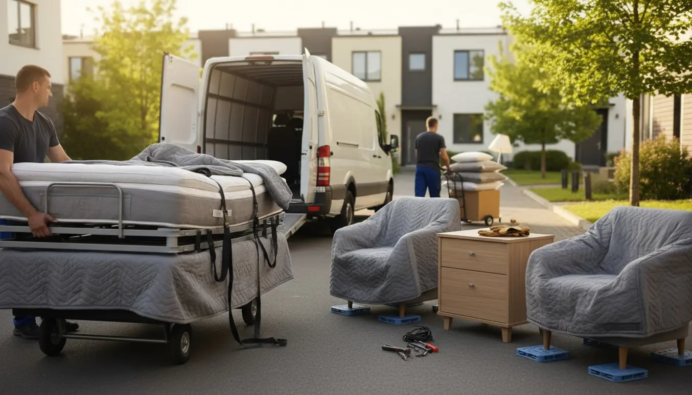 Flyttefolk laster en elevationsseng og indpakkede møbler i en flyttebil på en solrig villavej.