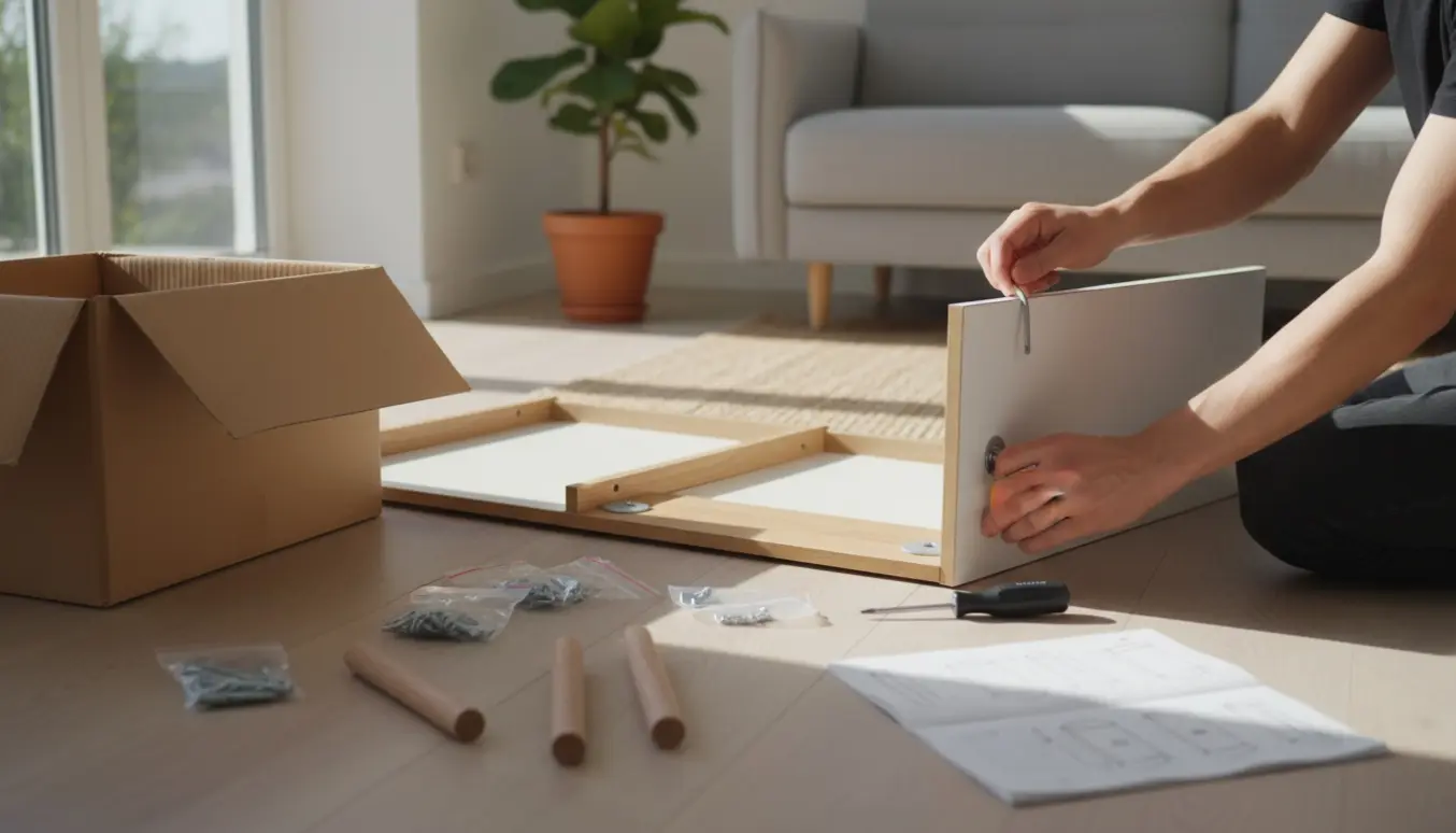 Hænder samler en moderne fladpakke-skænk i en lys og rolig stue.