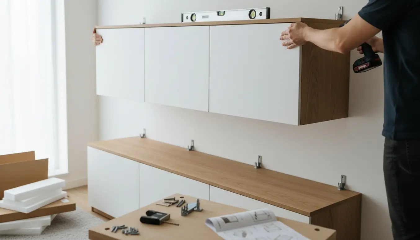 Hænder monterer tre vægskabe og en kommode på en væg med værktøj og pakning omkring.