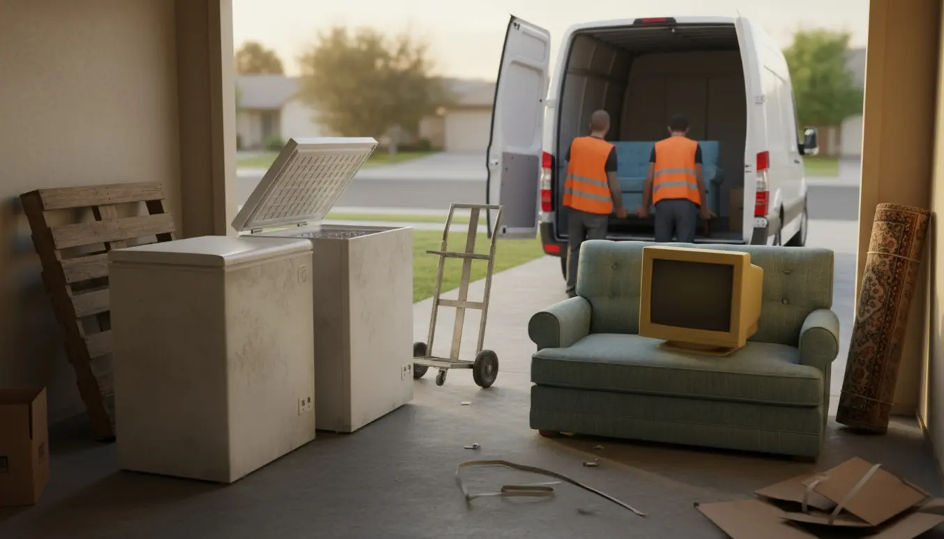Åben garage og indkørsel med sofa, gammel skærm, kummefryser, køleskab, paller og tæppe klar til afhentning.