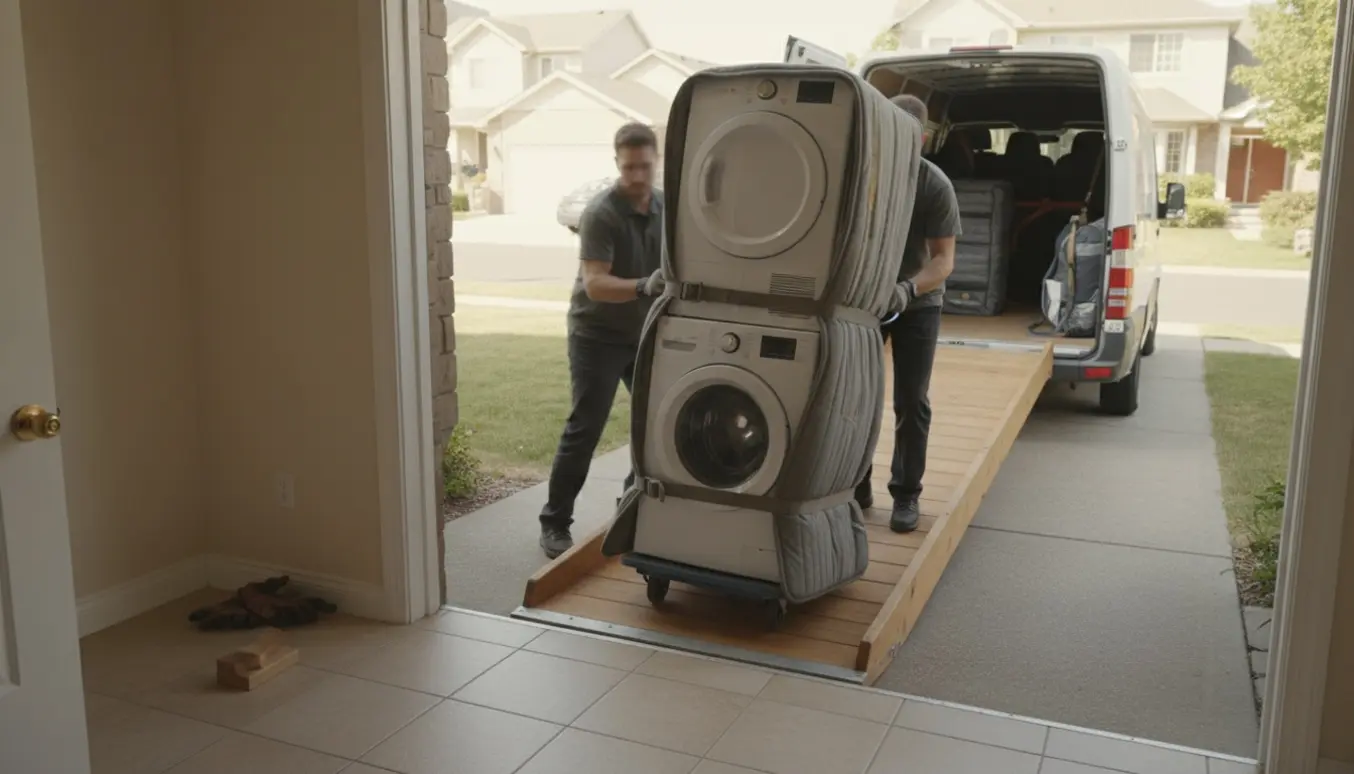 To flyttefolk trækker en stablet vaskemaskine og kondenstørretumbler ned ad en kørestolsrampe mod en åben varevogn.