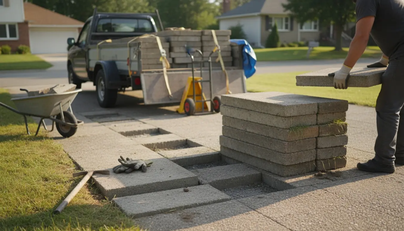 Store betonfliser læsses på en trailer foran indkørsel klar til bortkørsel.