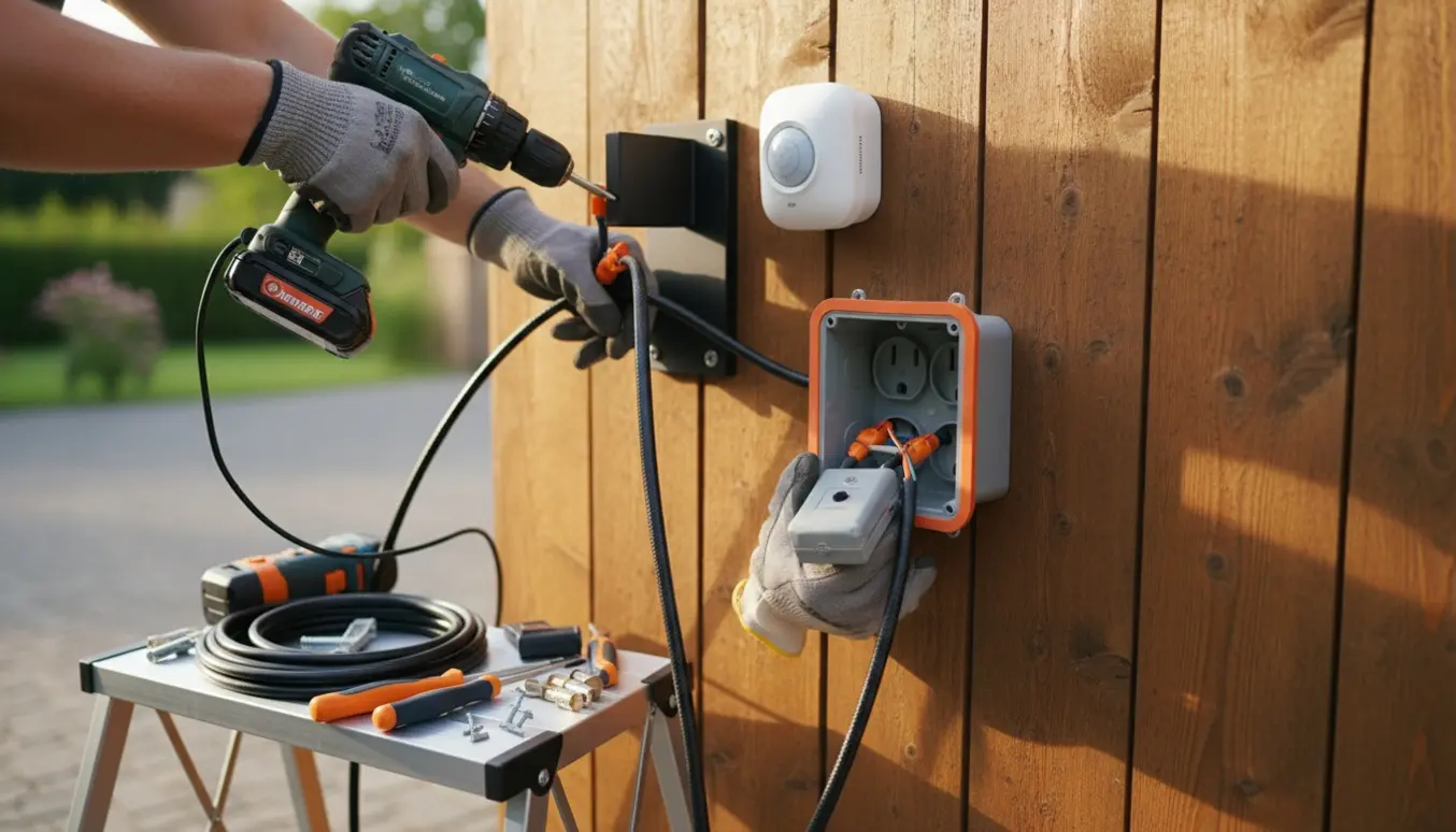Nærbillede af hænder, der monterer to udendørs stikkontakter og en lampe på et træhegn ved indkørsel.